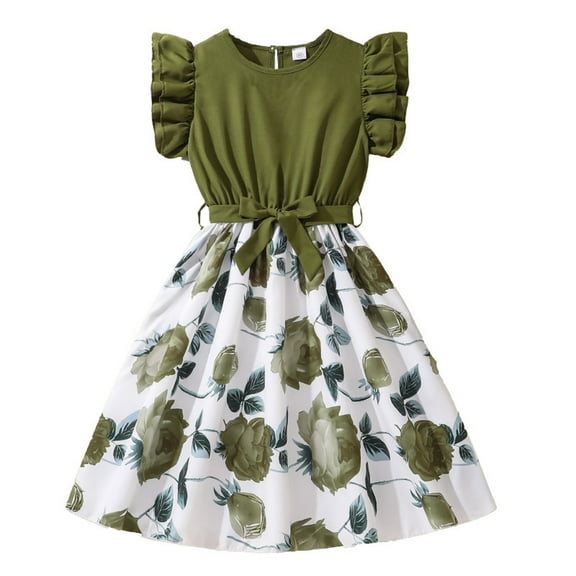 Hiijoy Big Girls Ruffle Short Sleeve Dress Rose Print Summer Casual Dress, Sizes 7-12