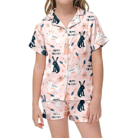 Hiijoy Big Girls' Satin Short Sleeve Button Down Shirt and Shorts Pajama Set Kids Sleepwear Outfits