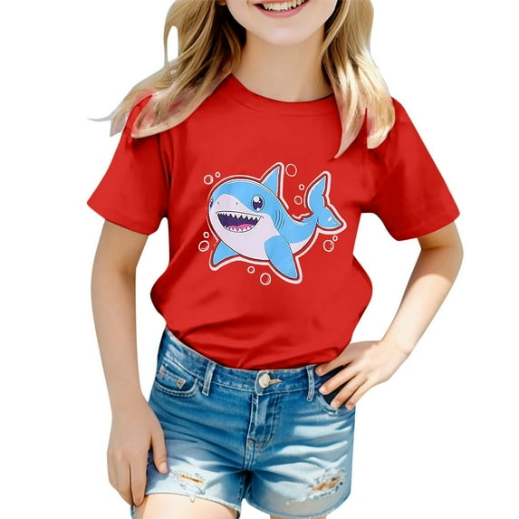 Hiijoy Big Girls Shark Print Short Sleeved T-Shirt Cute Graphic Tee, Sizes 12M-13T