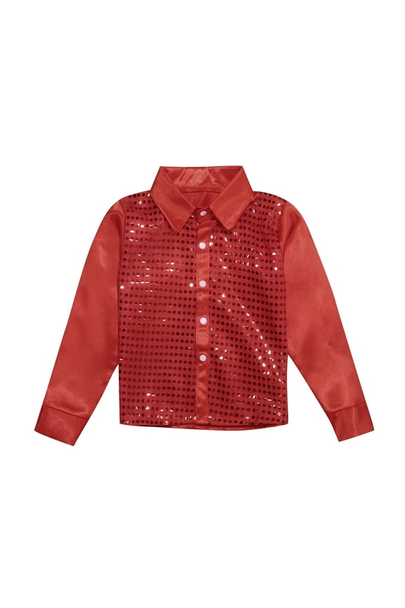 Big Girls Sparkly Sequins Dance Long Sleeve Button Down Shirt, Sizes 3-14