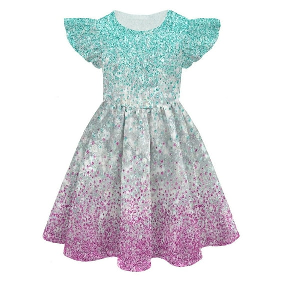 Hiijoy Big Girls Summer Dress Glitter Sequin Print Flutter Sleeves Dress, Sizes 8-15