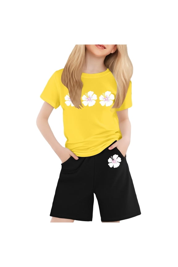 Big Girls Summer Outfits Flower Print Short Sleeve T-Shirt Shorts Set, Sizes 8-9Y