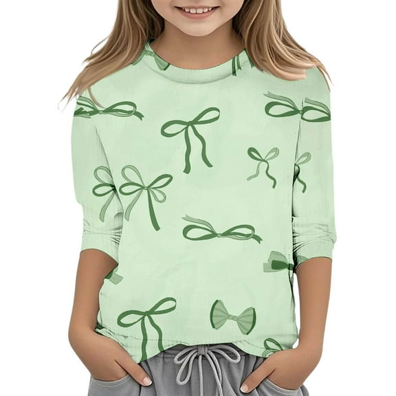 Hiijoy Big Girls T-Shirt Bow Print 3/4 Sleeve Crewneck T Shirt, Sizes 3-12