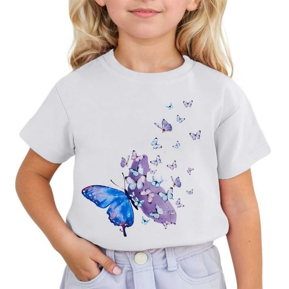 Hiijoy Big Girls T-Shirt Butterfly Print Short Sleeve Crew Neck T Shirt, Sizes 3-13