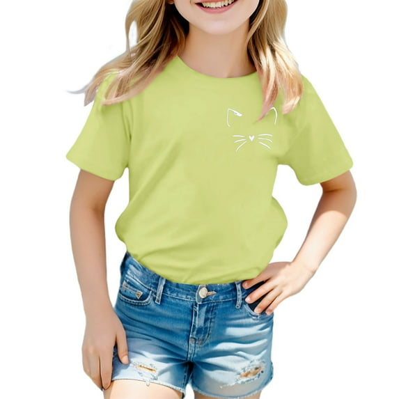 Hiijoy Big Girls T Shirt Cat Print Short Sleeve Cotton T-Shirt Summer Casual Tshirt