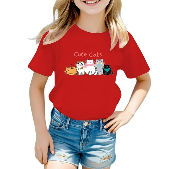 Hiijoy Big Girls T Shirt Cute Cartoon Cat Print Short Sleeve T-Shirt Kid Casual Tshirt