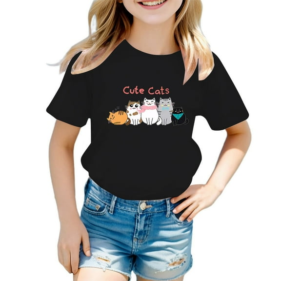 Hiijoy Big Girls T Shirt Cute Cartoon Cat Print Short Sleeve T-Shirt Kid Casual Tshirt