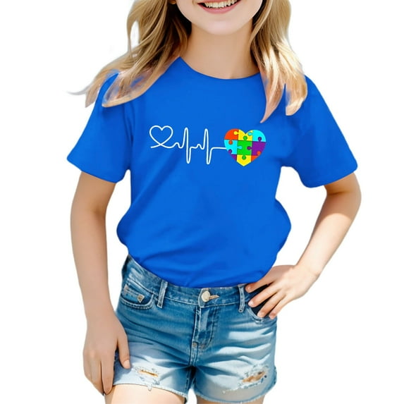 Hiijoy Big Girls T-Shirt Heartbeat Print Short Sleeve Cotton T Shirt, Sizes 3-9