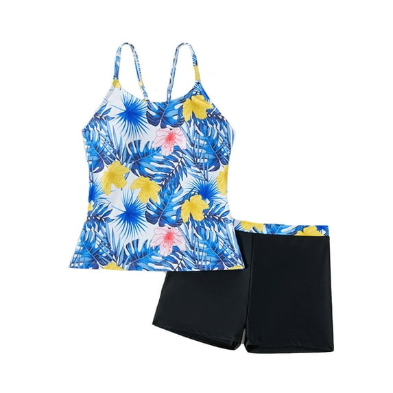 Hiijoy Big Girls Tankini Swimsuit Tropical Print Quick Drying Bathing Suit with UPF50+