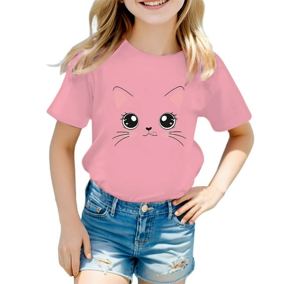 Hiijoy Big Girls Tee Shirt Cute Cat Print Short Sleeve Cotton T Shirt Children'S Casual Tshirt