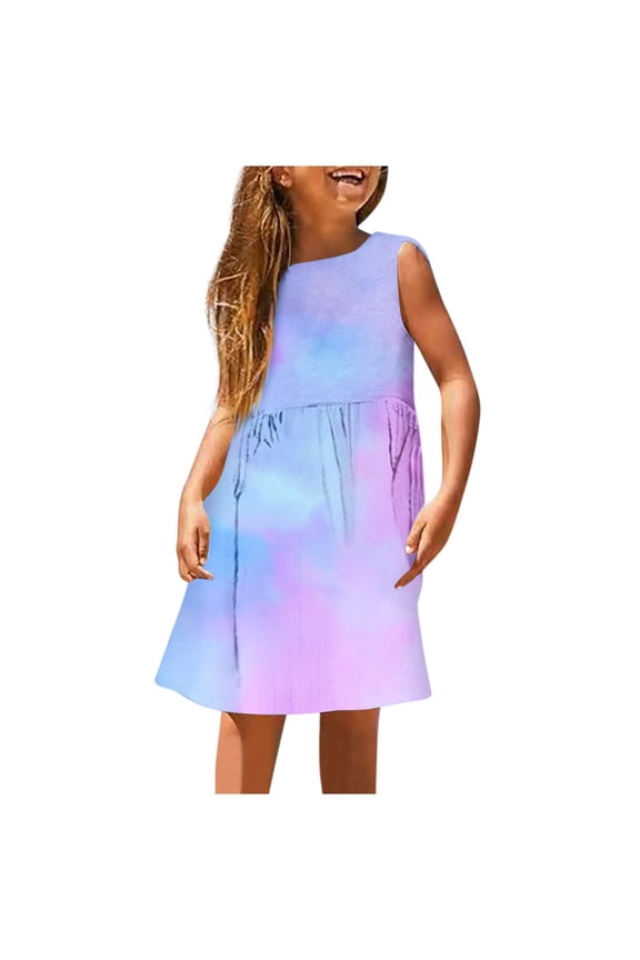Big Girls Tie Dyed Tank Dress Summer Casual Sleeveless Sundress, Sizes 1-14