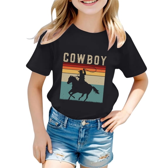 Hiijoy Black T-Shirt for Girl Cute Letter Print Short Sleeves Round Neck Tees, Sizes 0-13