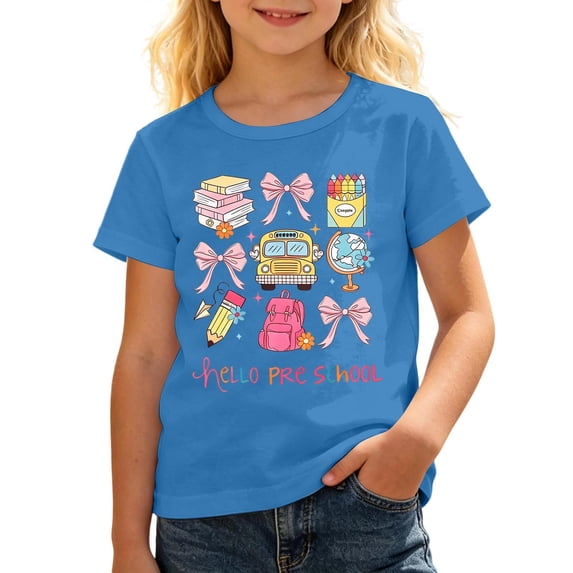 Hiijoy Blue T-Shirt for Girl Cute Graphic Short Sleeved Crew Neck Casual Tees, Sizes 3-14