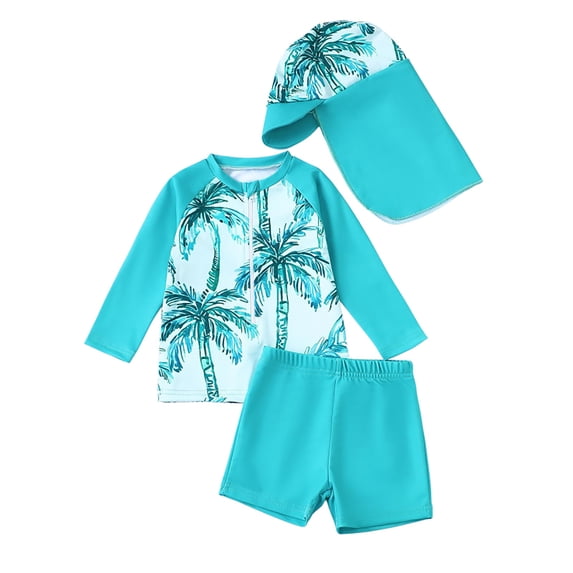 Hiijoy Boys 3-Piece Swimsuit Long Sleeve Zipper Rash Guard & Swim Trunks & Swim Hat, Sizes 3M-3T