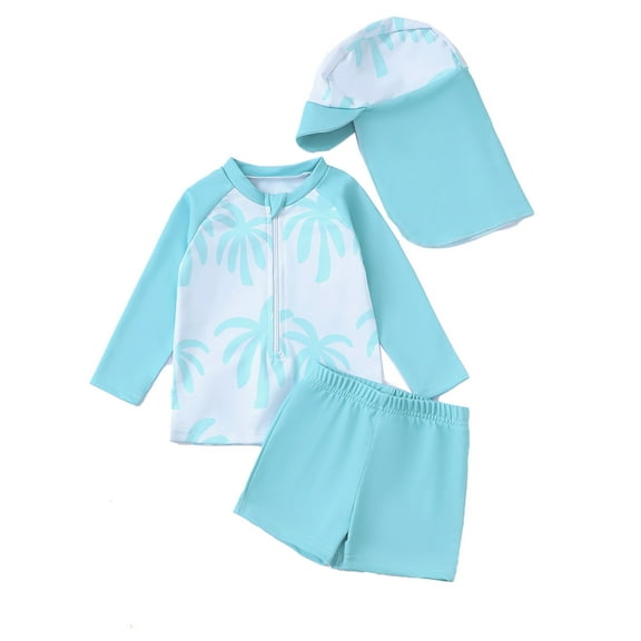 Hiijoy Boys 3-Piece Swimsuit Long Sleeve Zipper Rash Guard & Swim Trunks & Swim Hat, Sizes 3M-3T