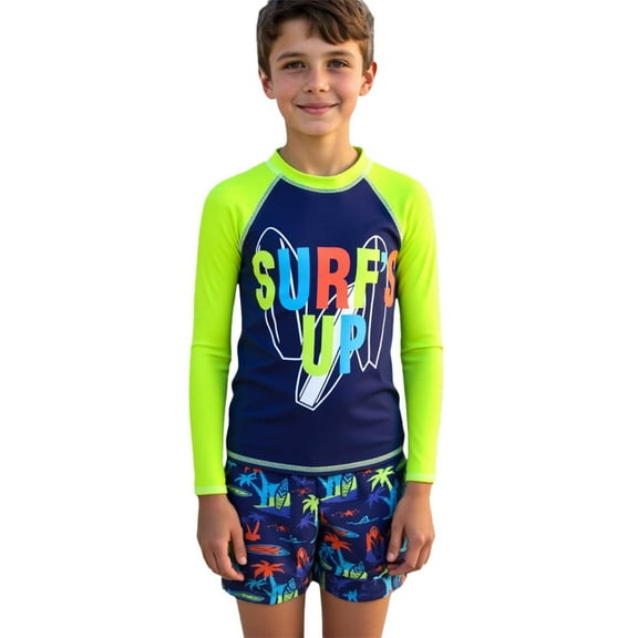 Hiijoy Boys Beach Swimsuit UPF 50  Long Sleeve Rash Guard Board Shorts Bathing Suit, Sizes 7-12
