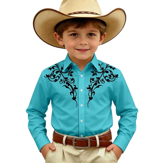 Hiijoy Boys Button Down Western Shirt Casual Youth Long Sleeve Cowboy Shirt, Sizes 8-9