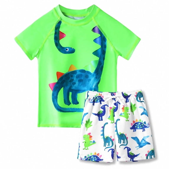 Hiijoy Boys' Cartoon Dinosaur Quick Dry Short Sleeve Rash Guard & Swim Shorts 2-Piece Swimsuit, Sizes 3-7