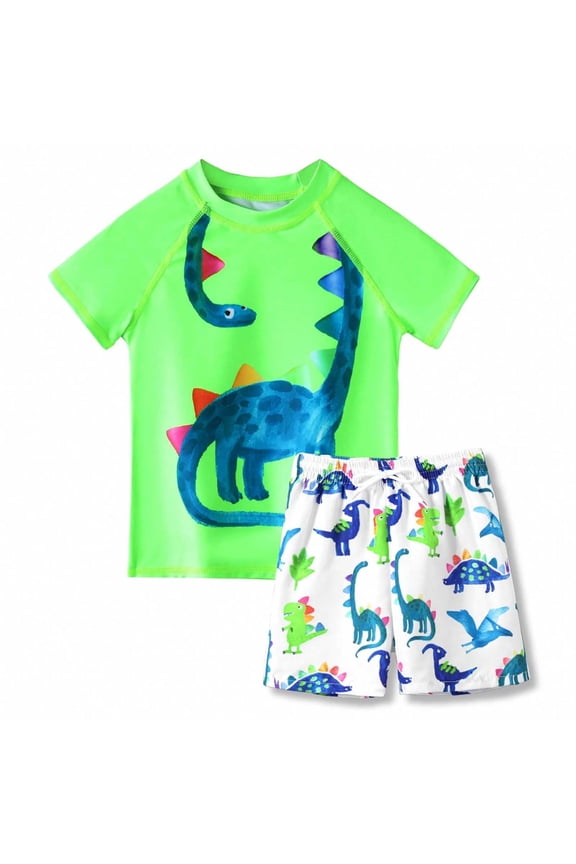 Boys' Cartoon Dinosaur Swimsuit Quick Dry Rash Guard & Swim Shorts Bathing Suit, Sizes 3-7