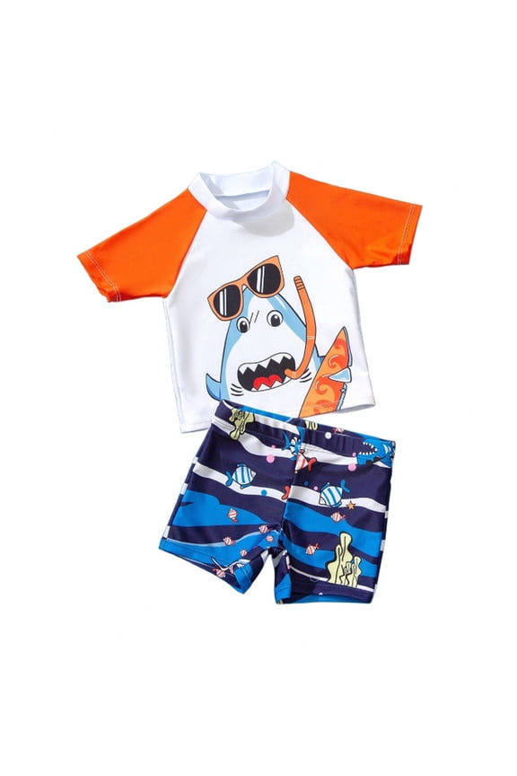 Boys Cartoon Shark Print Rash Guard Swimsuit Bathing Suit Swimwear, Sizes 12M-5T