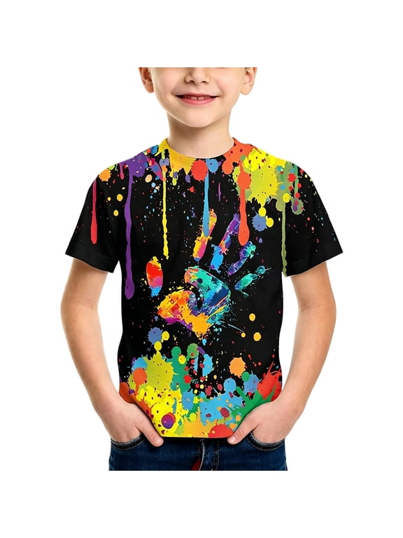Boys Casuak Tshirt Paint Splatter Print Crew Neck T-Shirt Short Sleeve Tee for Kids