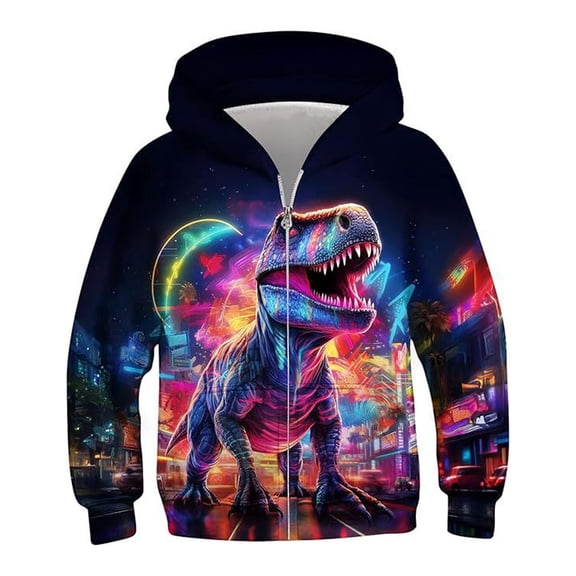 Hiijoy Boys Casual Hoodie Dinosuar Graphic Full Zip Hooded Sweatshirt Long Sleeve Jacket
