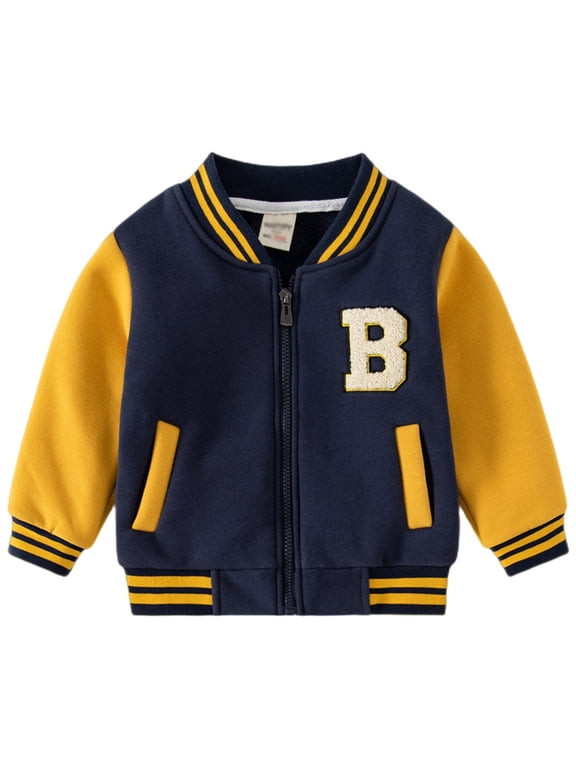 Boys Casual Jacket Full Zip Letter Embroidery Jacket Long Sleeve Color Block Coat