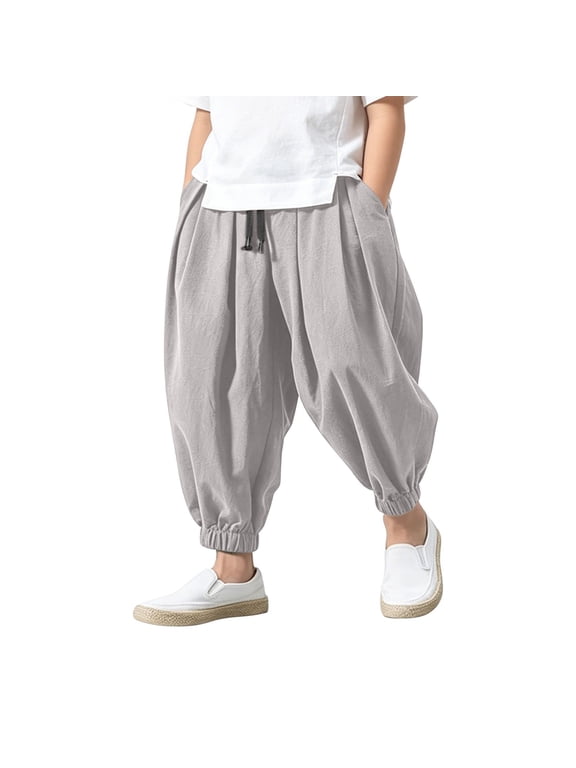 Boys Cotton Linen Harem Pants Wide Leg Elastic Ankle Trousers Summer Breathable Pants