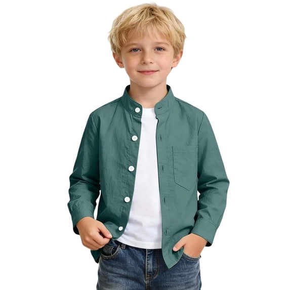 Hiijoy Boys Cotton Long Sleeve Shirt Casual Solid Neck Button Down Shirt, Sizes 5-6