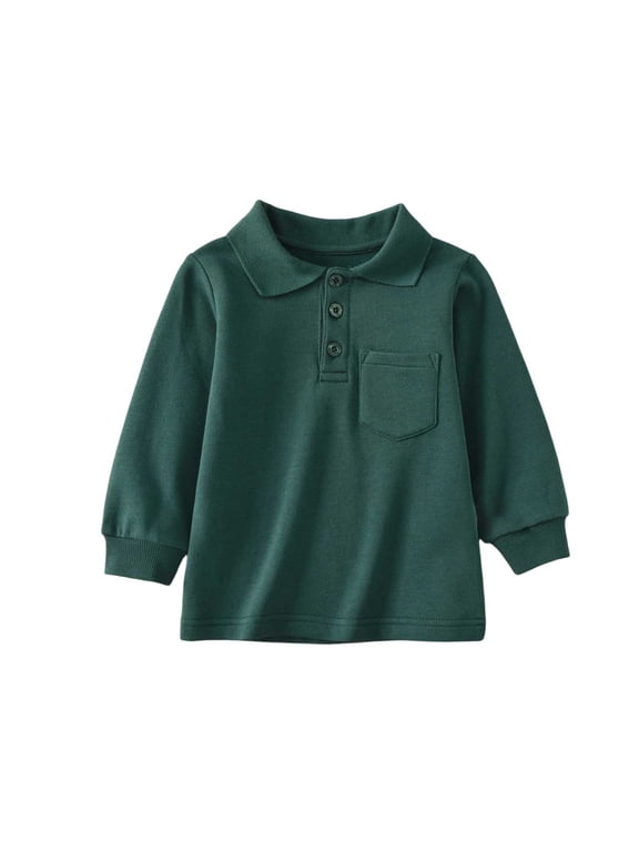 Boys Cotton Polo Shirt Solid Long Sleeve Fleece Pullover Casual Fall Polo Shirt
