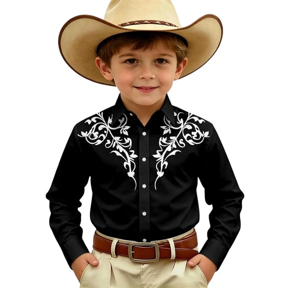 Hiijoy Boys Cowboy Shirt Western Graphic Point Collared Shirt Kids Long Sleeve Button Top
