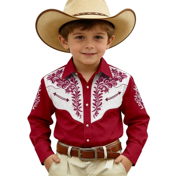 Hiijoy Boys Long Sleeve Cowboy Shirt Vintage Western Button Up Shirt, Sizes 10-11