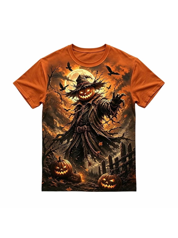 Boys Orange Tshirt Halloween Fashion Short Sleeves Round Neck T-Shirt, Sizes 2-13
