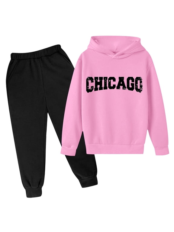 Boys Outfits Chicago Print Long Sleeve Hoodie Joggers Set Kids Casual Clothes Set