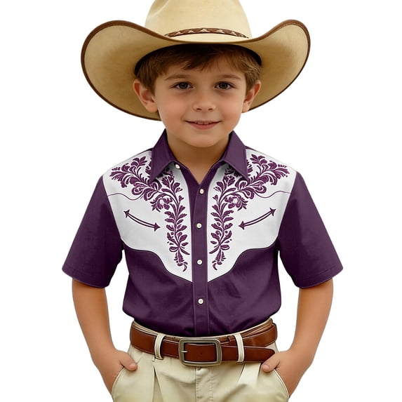 Hiijoy Boys Short Sleeve Western Shirt Cowboy Print Button Down Shirt, Sizes 7-8