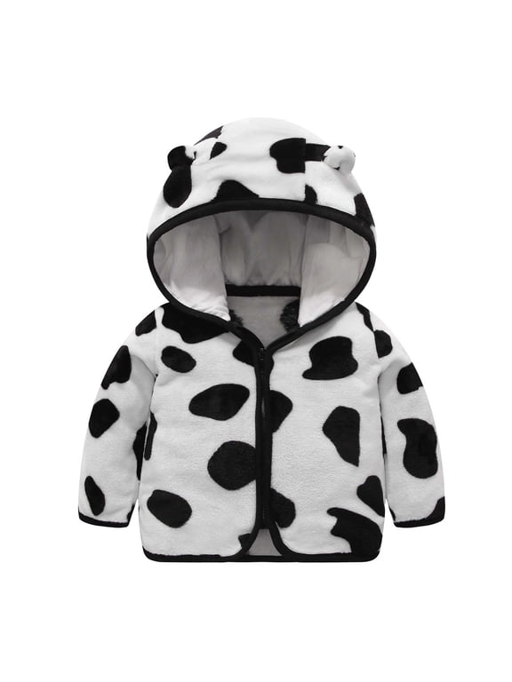 Boys Spring Fall Hooded Jacket Cow Print Full Zip Jacket Long Sleeve Coat