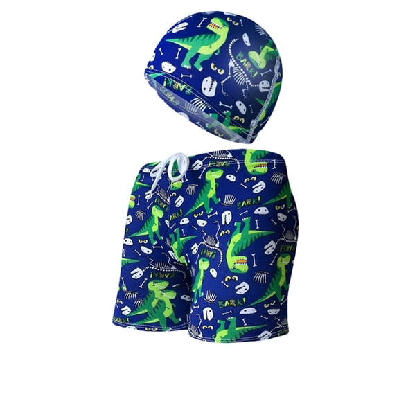 Hiijoy Boys Swim Trunks Cartoon Dinosaur Quick-Dry Swimming Shorts with Hat Set