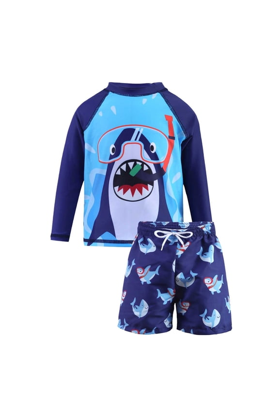 Boys UPF 50+ Swimsuit Shark Print Long Sleeve Rash Guard Shorts Bathing Suit, Sizes 3-8