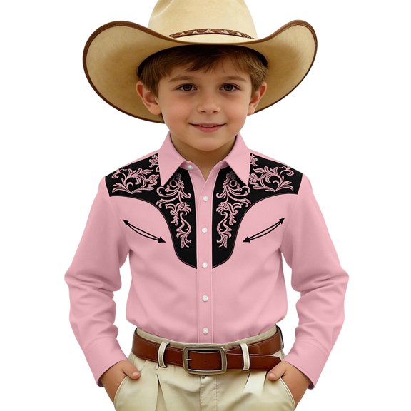 Hiijoy Boys Western Cowboy Shirt Graphic Point Collar Shirt Long Sleeve Button Down Top