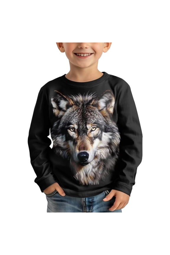 Boys Wolf Print Long Sleeve T-Shirt Casual Crew Neck T Shirt, Sizes 11-12