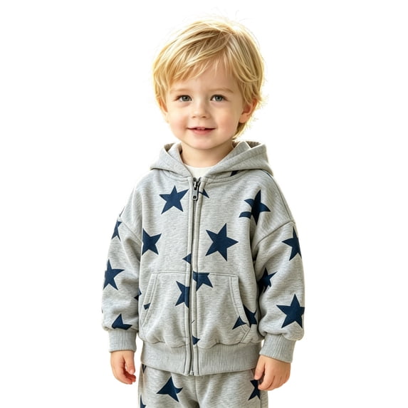 Hiijoy Boys Zip Up Hoodie Star Print Long Sleeve Hooded Sweatshirt Kids Light Jacket, Grey