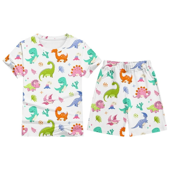 Hiijoy Children's Pajamas Dinosaur Print Short Sleeve T-Shirt and Shorts Set Sleepwear Pjs