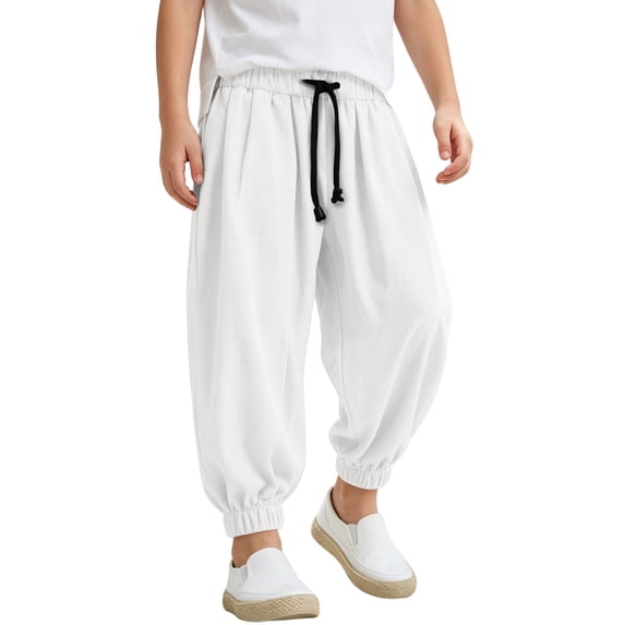 Hiijoy Cotton Linen Harem Pants for Boys Wide Leg Elastic Ankle Trousers Casual Summer Pants