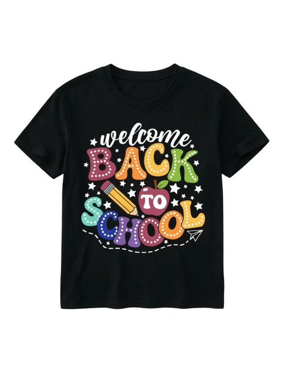 Girl Black Tee Shirt Back To School Letter Short Sleeves O Neck Tshirt, Sizes 2-13