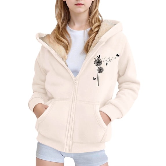 Hiijoy Girl Fleece Sherpa Lined Zip Up Hoodie Fall Winter Warm Sweatshirt Outerwear, Beige
