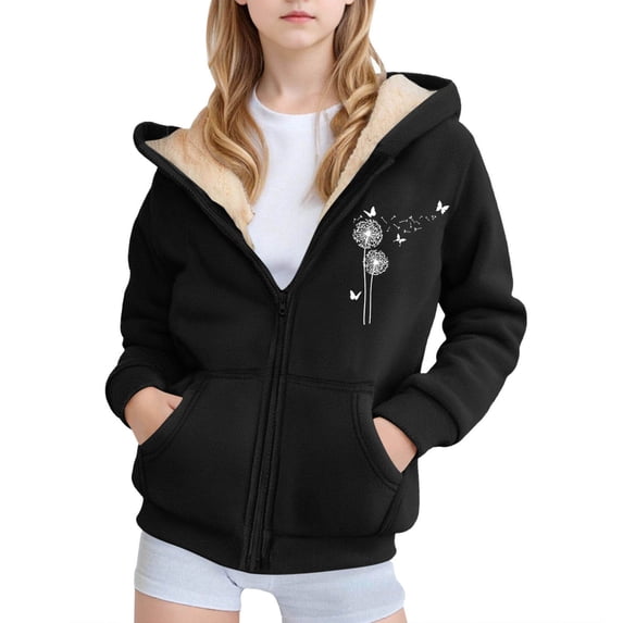 Hiijoy Girl Fleece Sherpa Lined Zip Up Hoodie Fall Winter Warm Sweatshirt Outerwear, Black