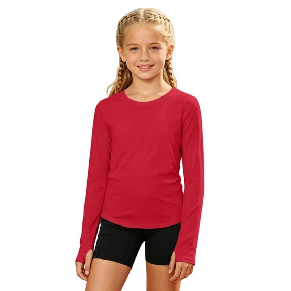 Hiijoy Girl Red T Shirt Athletic Lightweight Solid Plain Long Sleeves Tee Top, Sizes 4-14