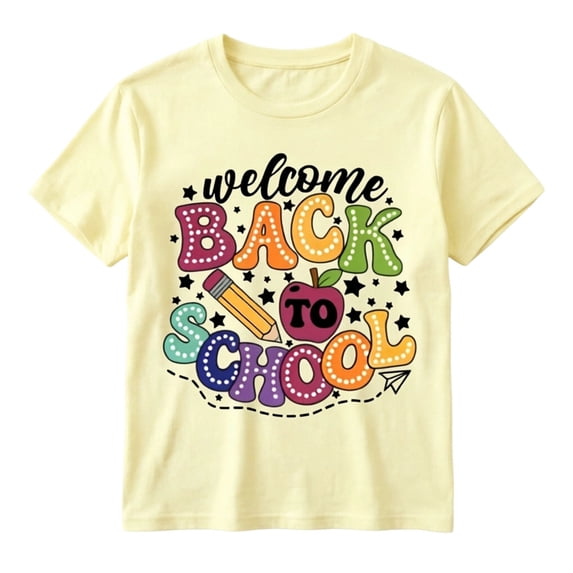 Hiijoy Girl Yellow T Shirt Back To School Letter Short Sleeves O Neck Tee Top, Sizes 2-13