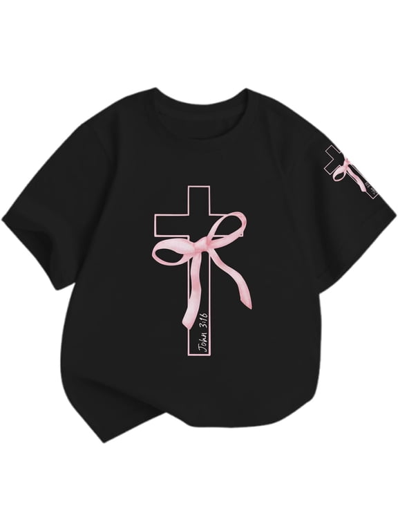Girl's Bow Graphic Tee Summer Short Sleeve Crew Neck T Shirt, Sizes 7-8