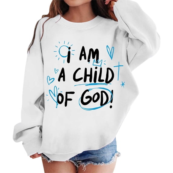 Hiijoy Girl's Sweatshirt Letter Graphic Drop Shoulder Long Sleeve Pullover, White, Sizes 3-10